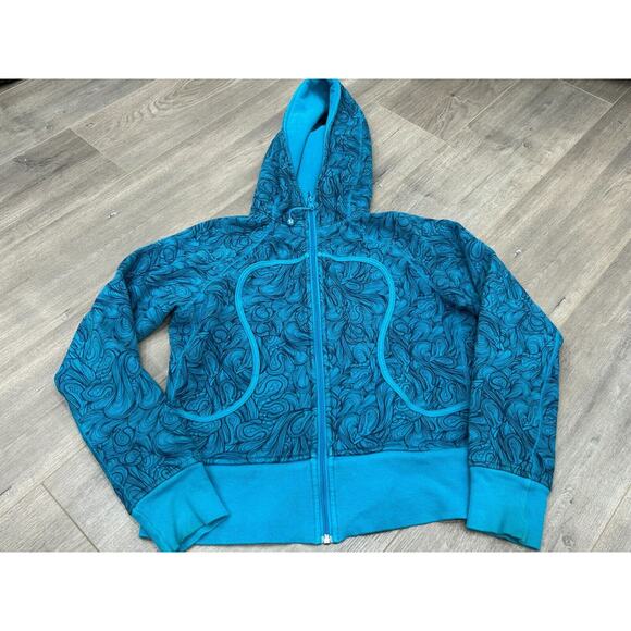 Rare Lululemon Womens Blue Turquoise Paisley Print Scuba Hoodie Jacket Size 10 - Picture 1 of 14